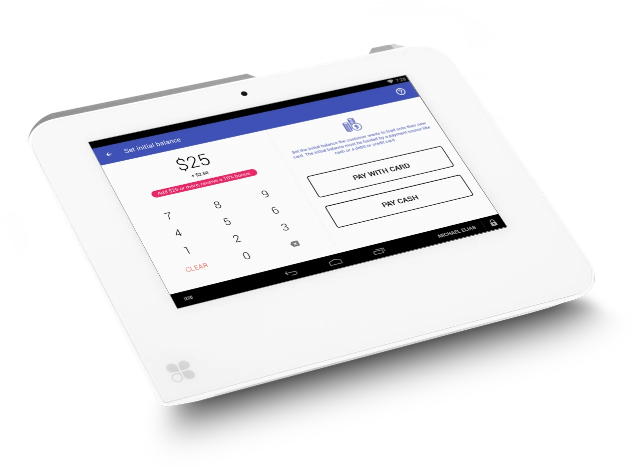 Clover Mini activating a gift card with the Loopz app