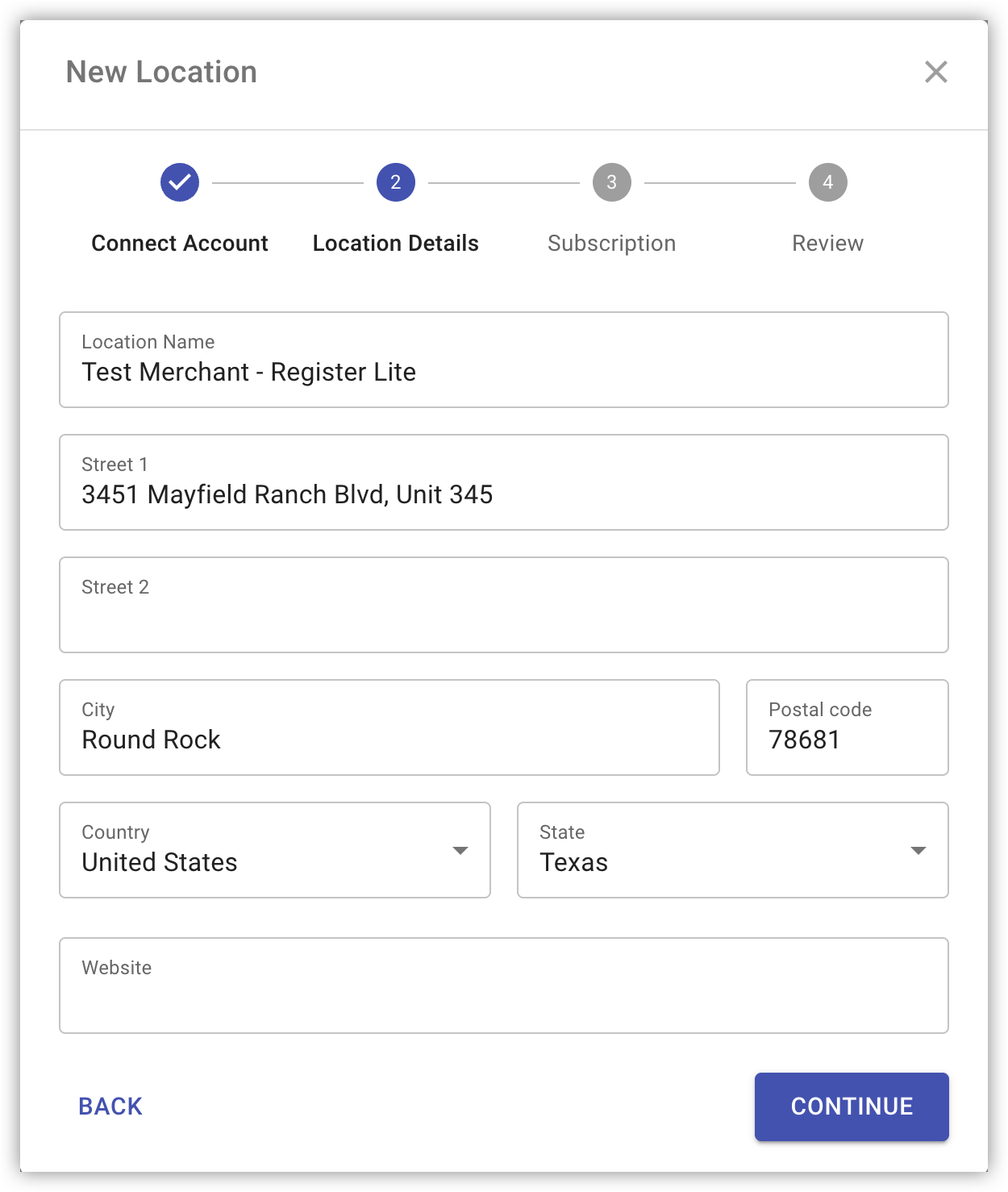 Location details form with name, address and website url