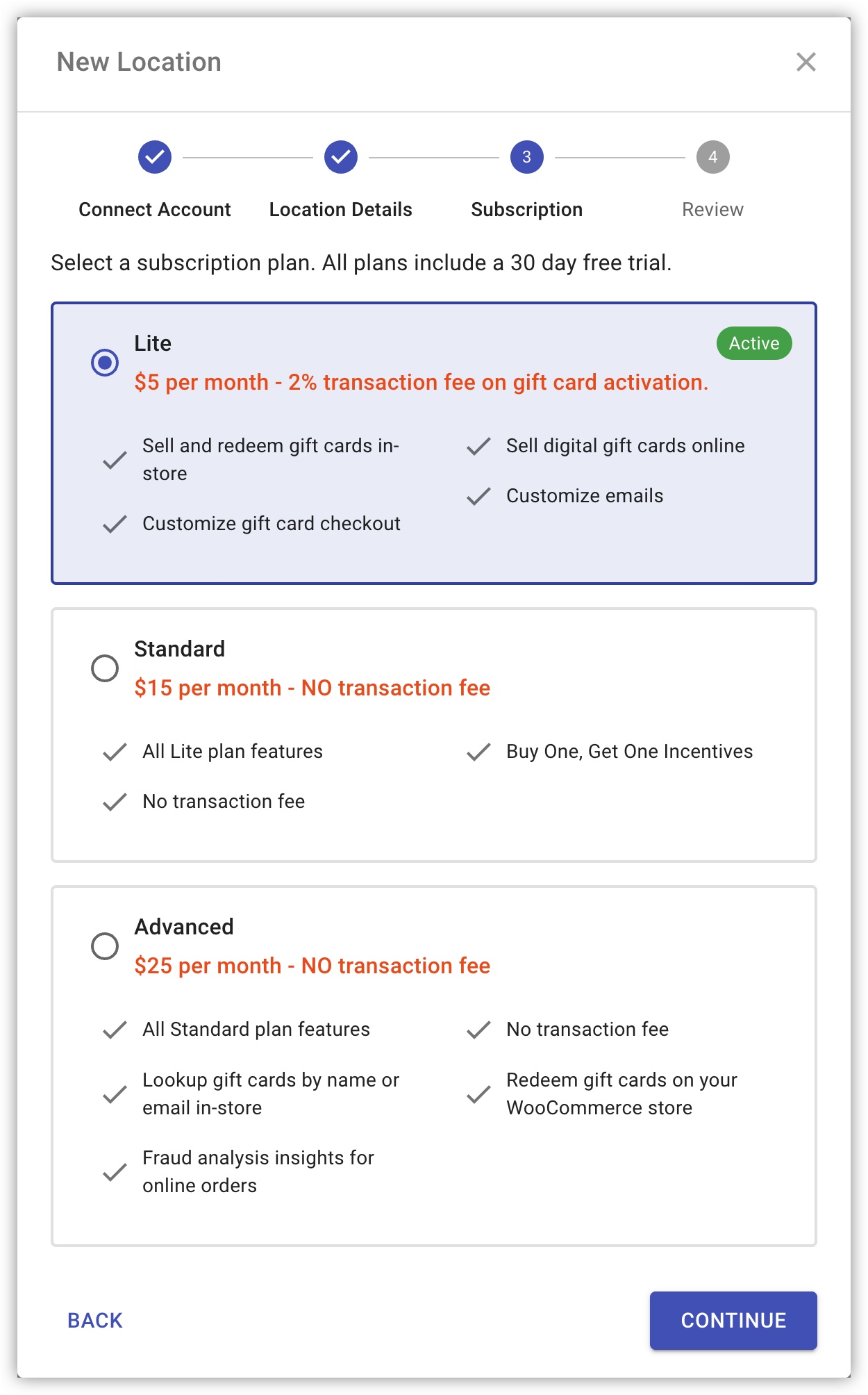 Subscription plan selection step