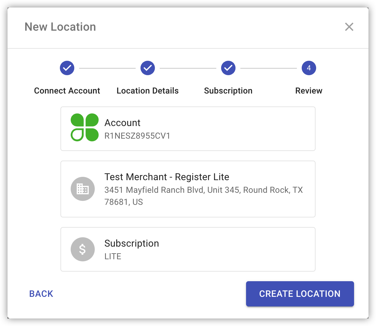 Review step with the Create Location button