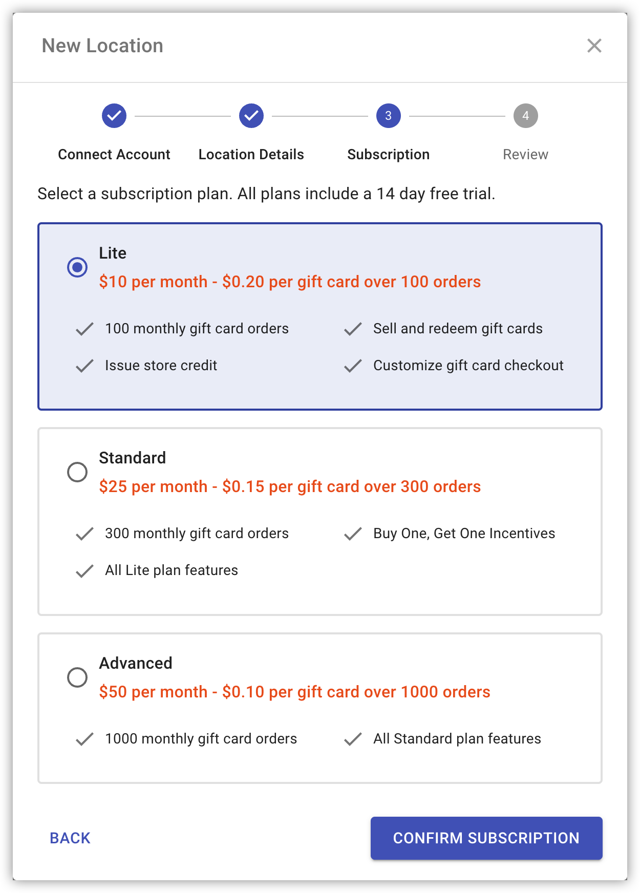 Subscription plan selection step
