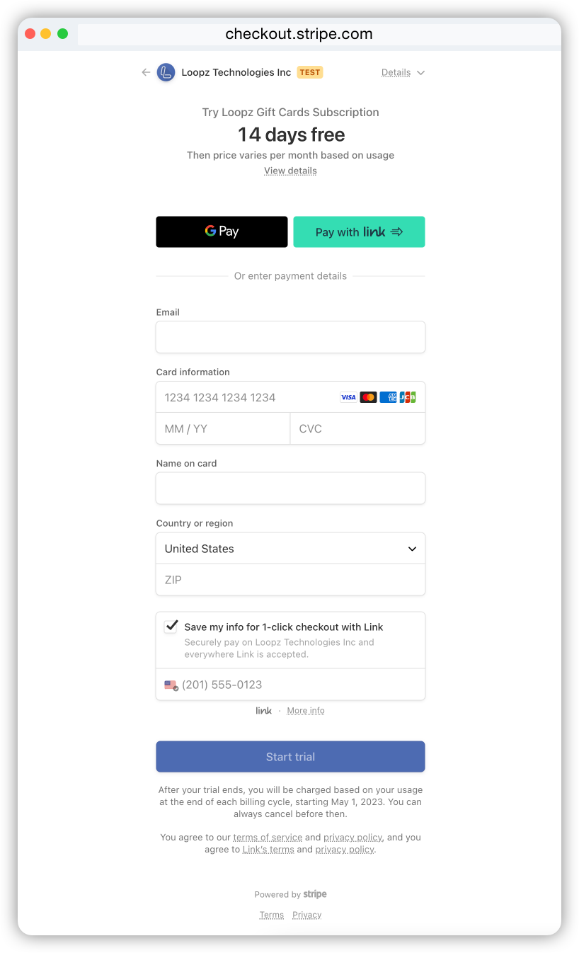 Billing information popup