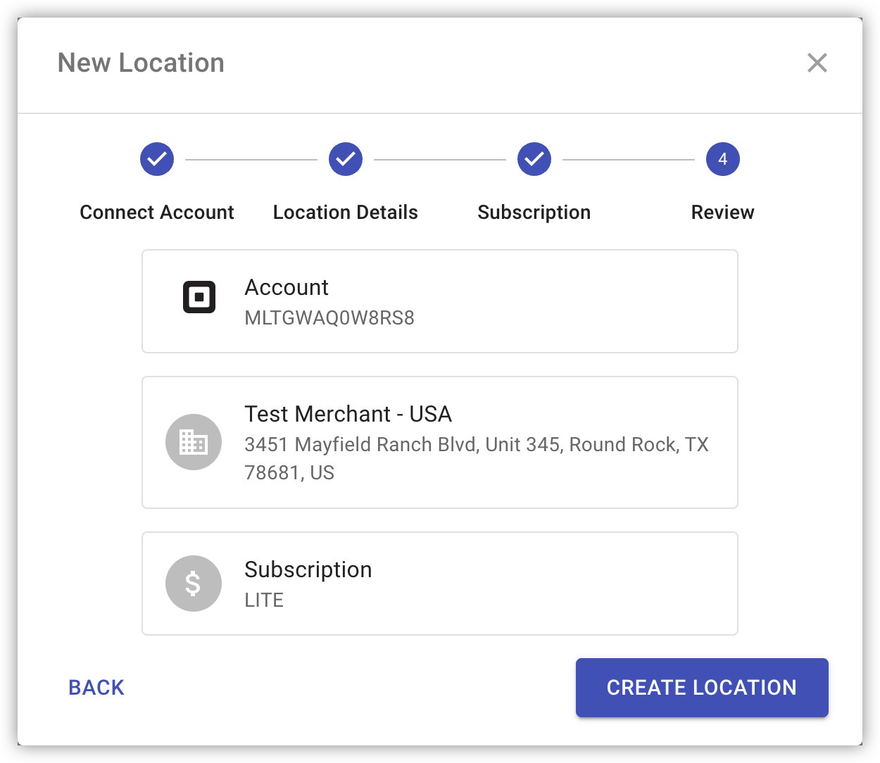 Review step showing the new location overview