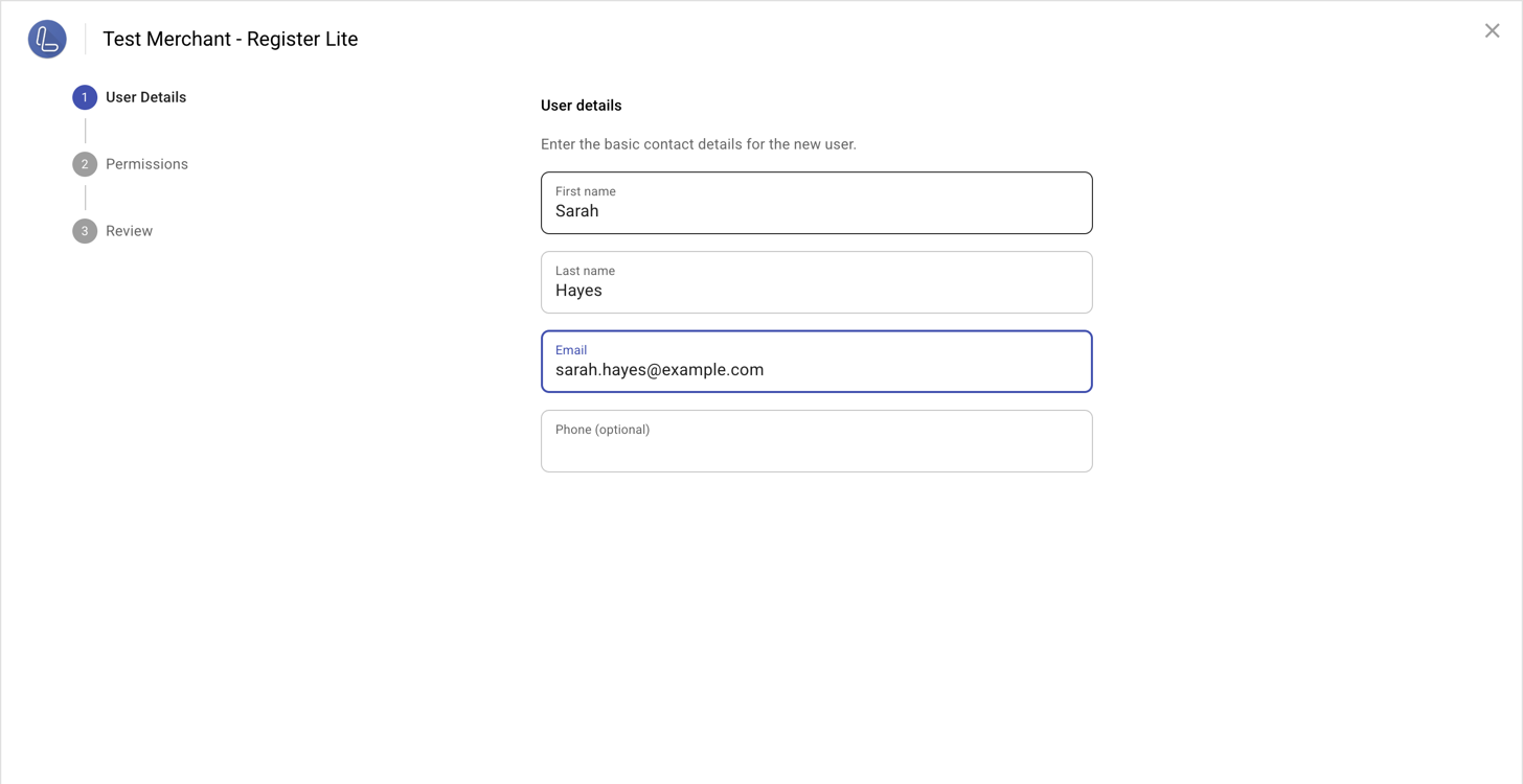 User details step of the add user workflow
