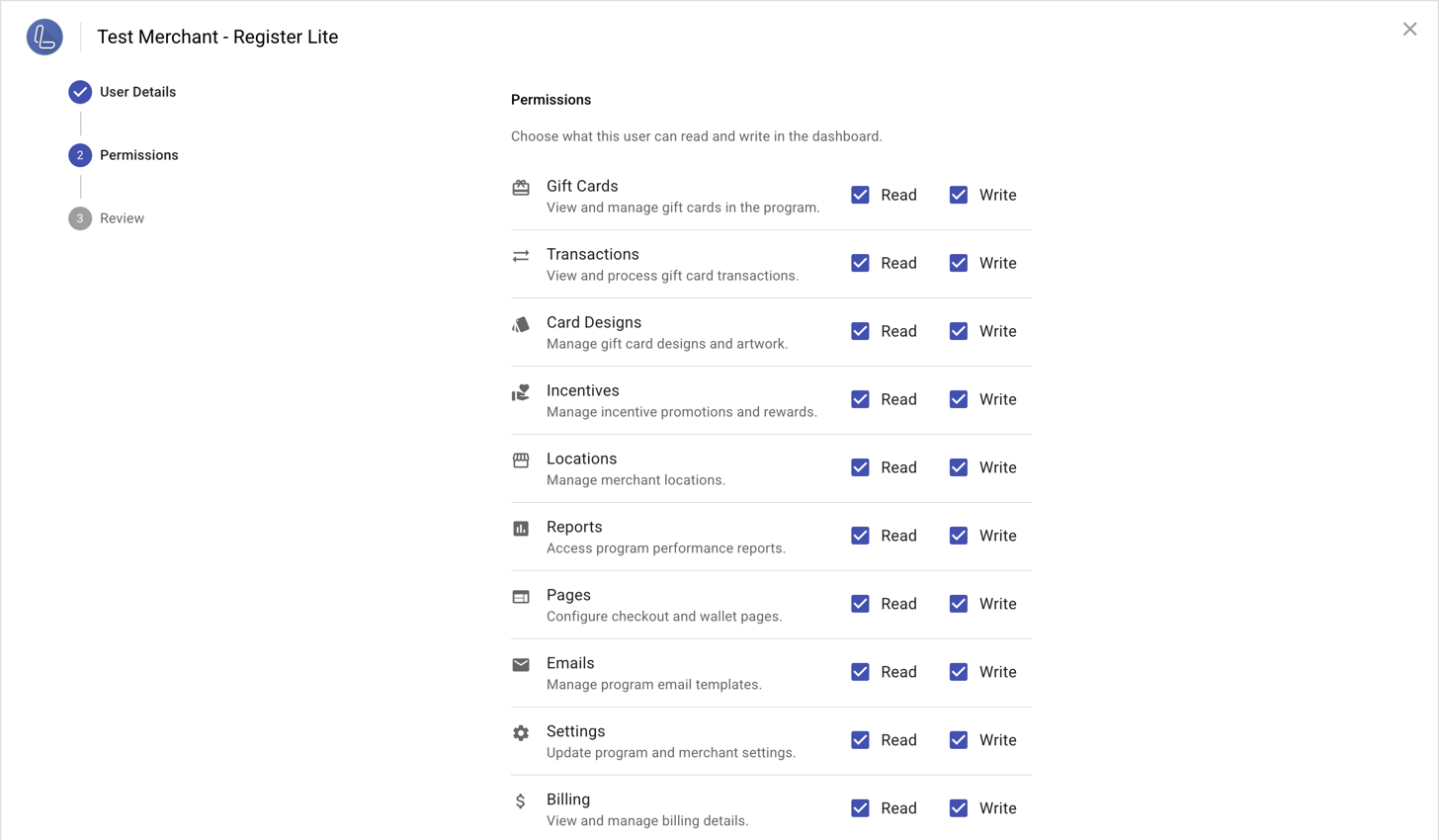 Permissions step with read and write checkboxes per resource