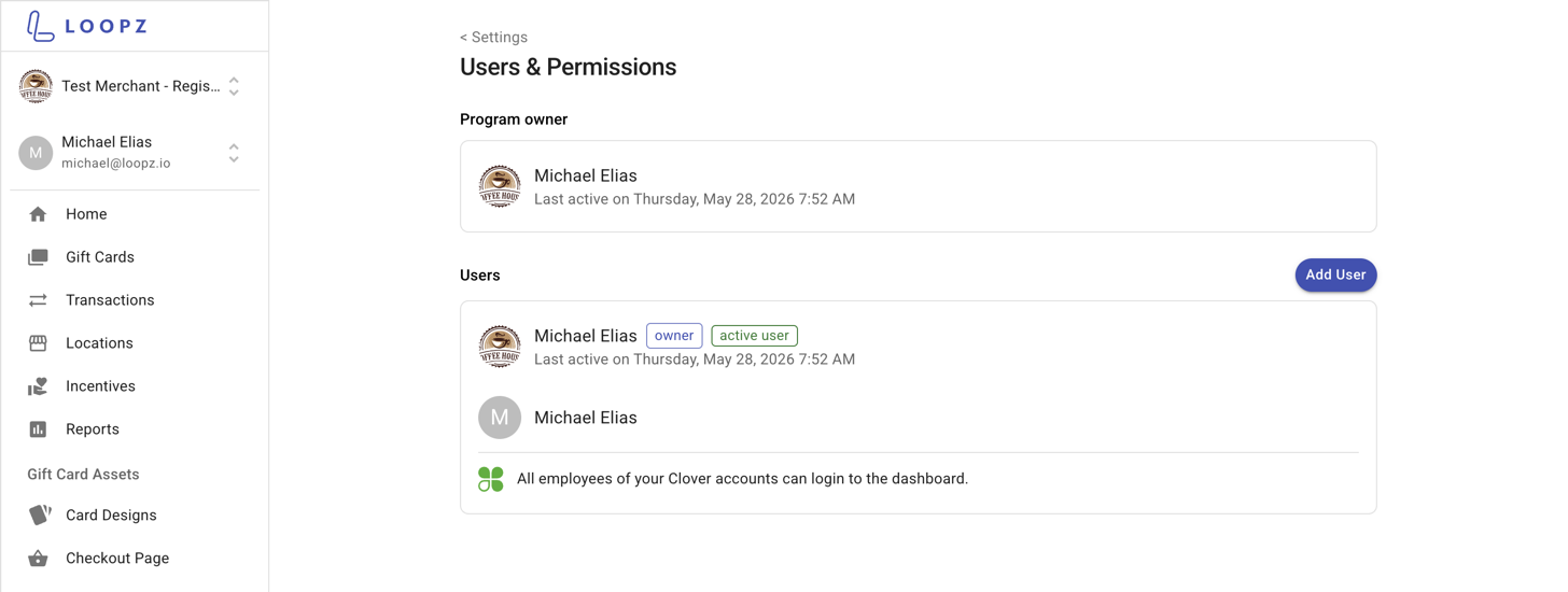 Users & Permissions screen in dashboard settings
