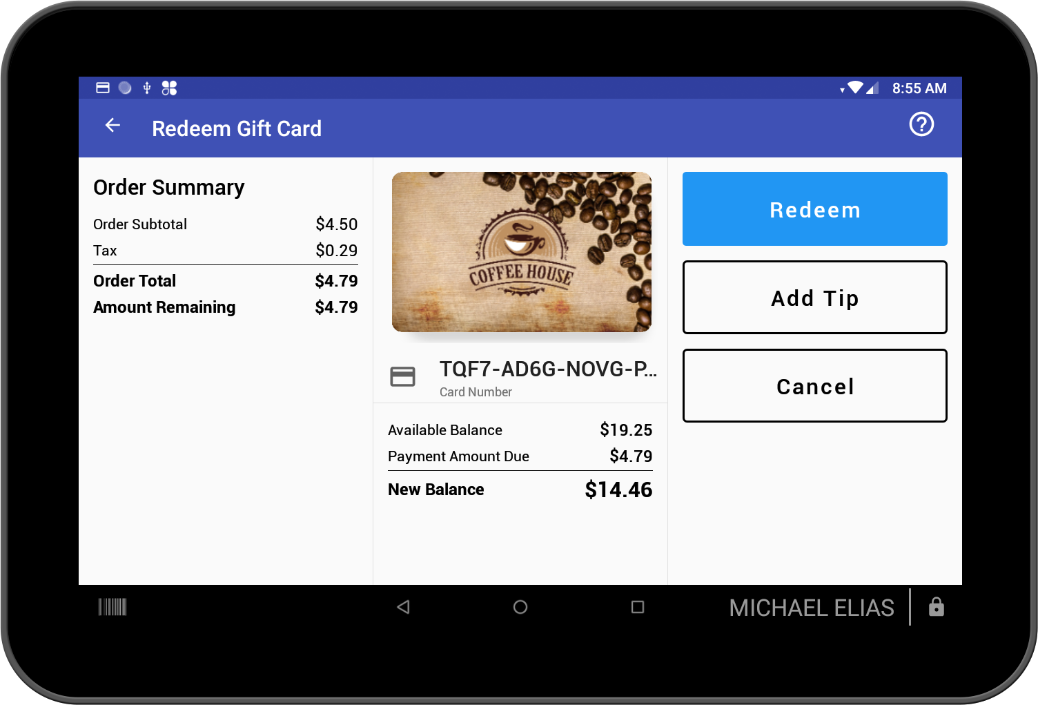 Redeem screen with the Add Tip button enabled