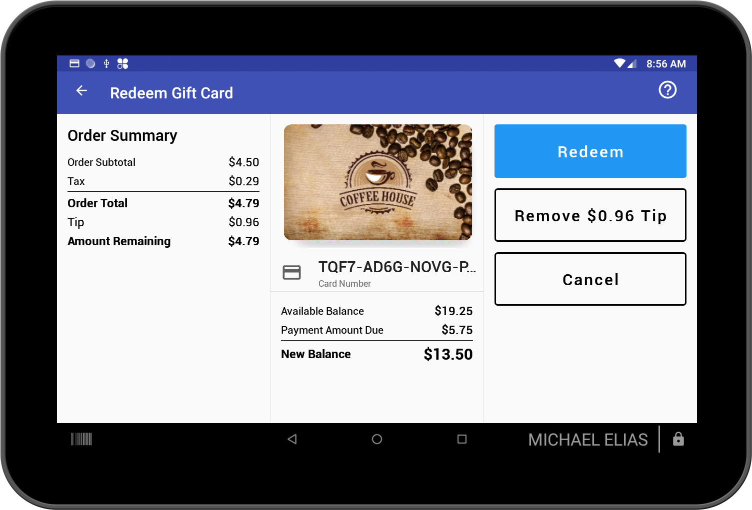 Tip applied to the gift card payment