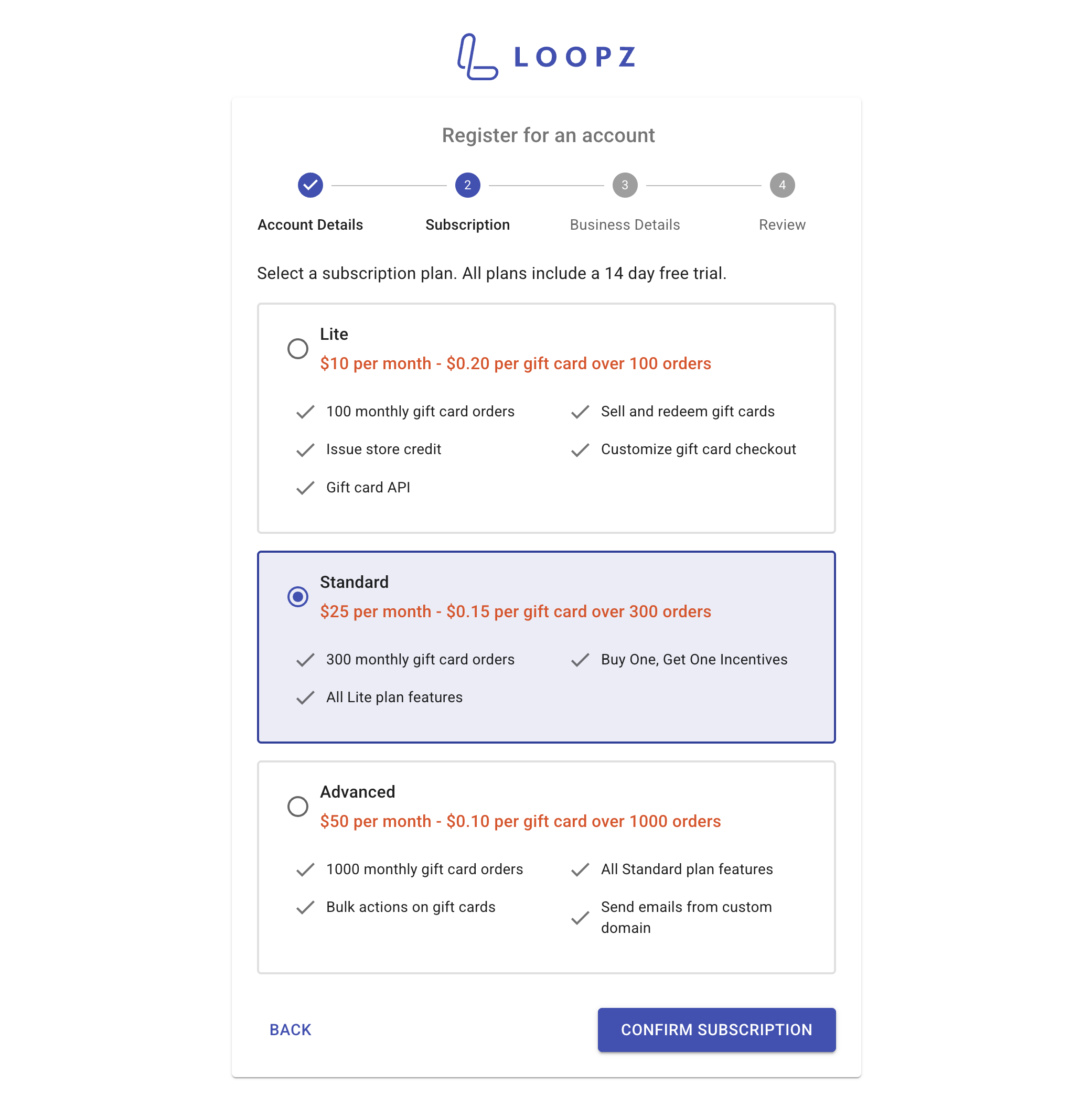 Selecting a subscription plan