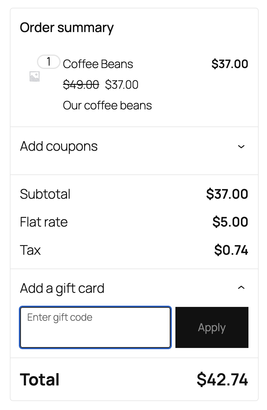 Redeem gift card section on the checkout page