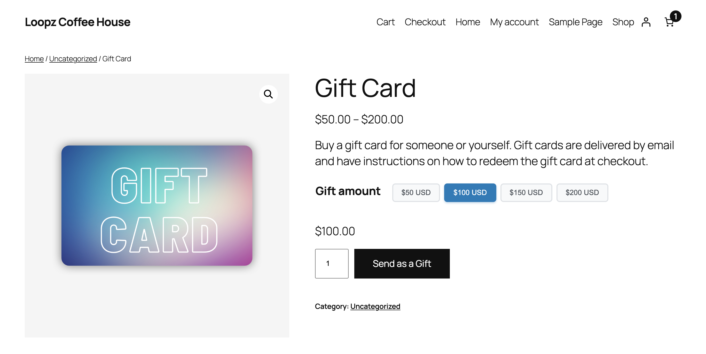 Gift card product page on a WooCommerce store