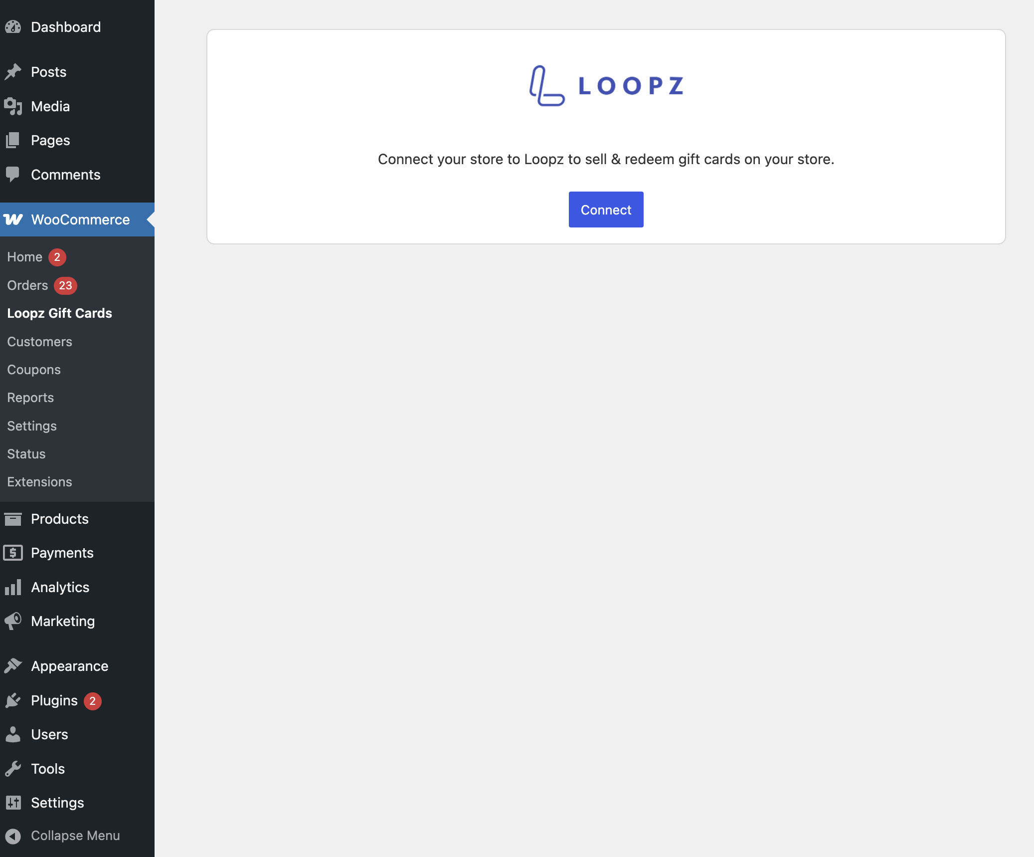 Connect button on the Loopz Gift Cards screen