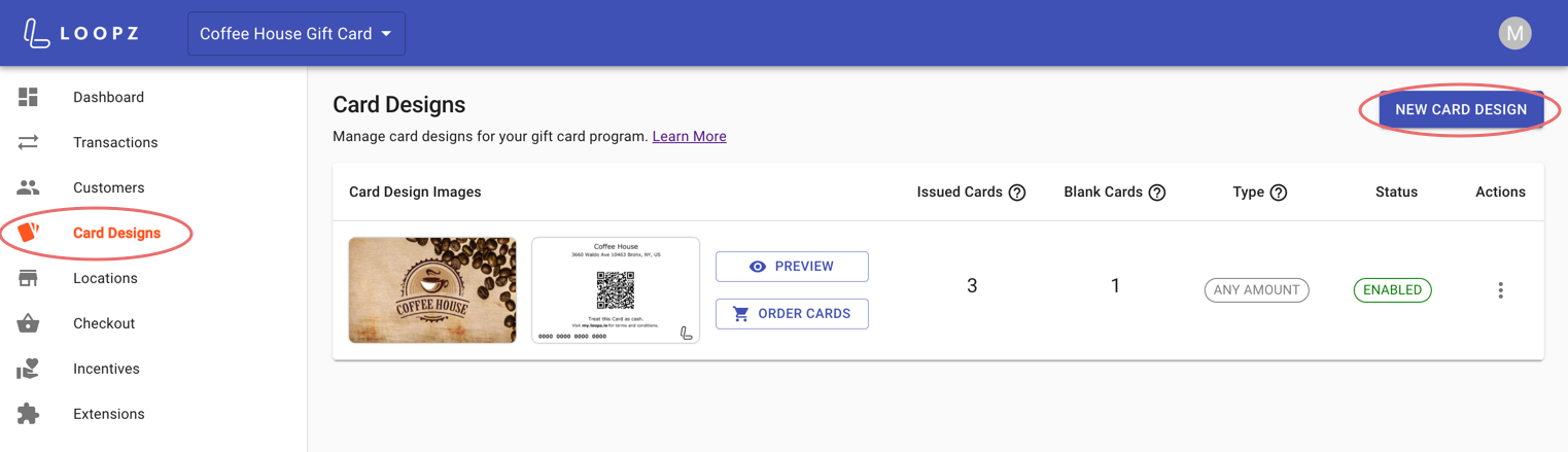 Card Designs screen on the Loopz dashboard