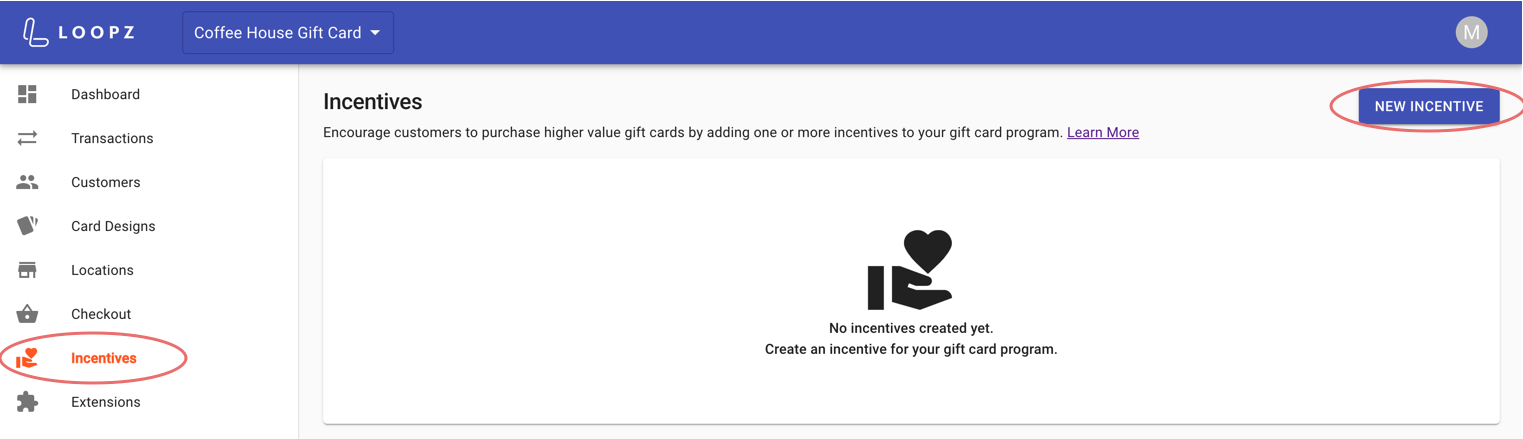 Incentives screen on the Loopz dashboard