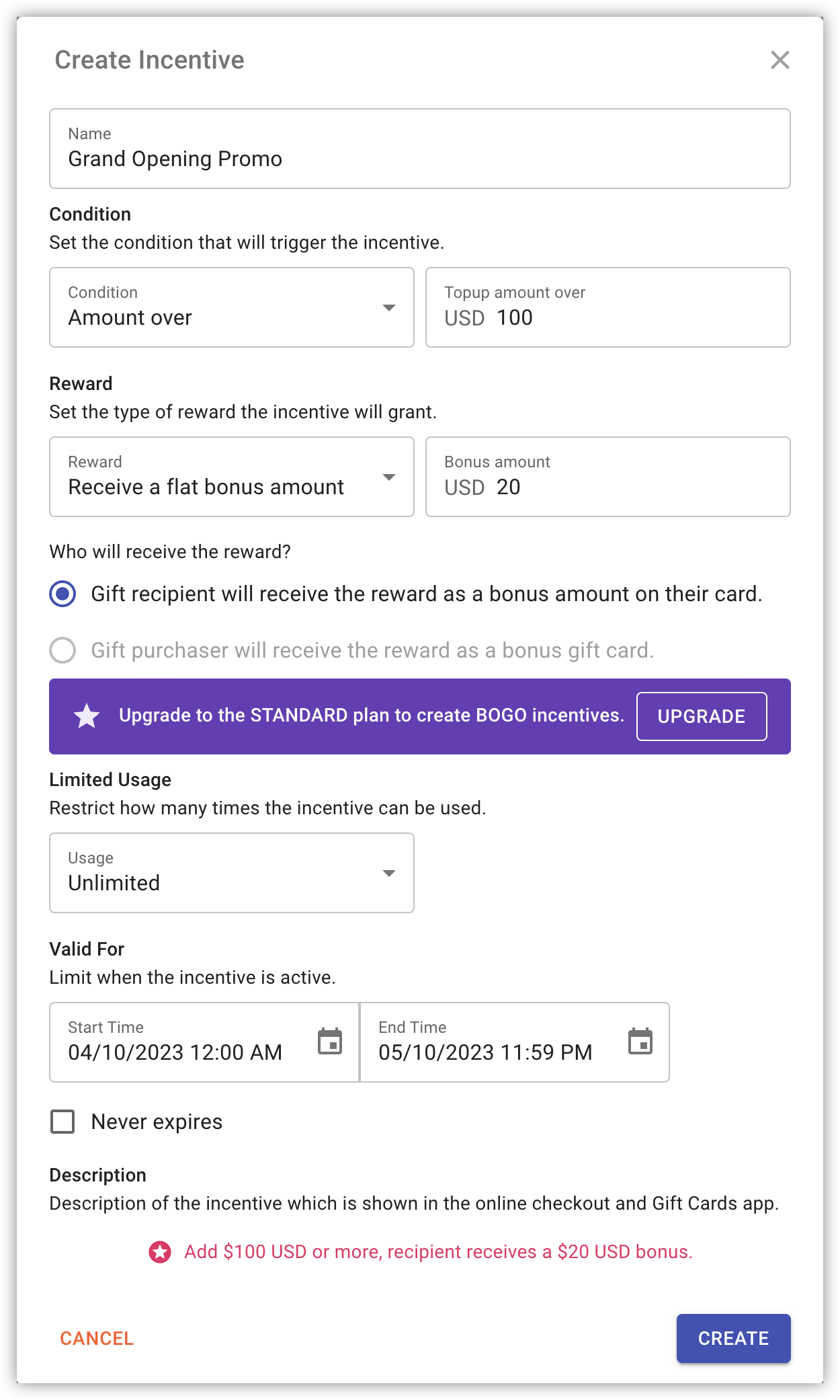 New incentive configuration form