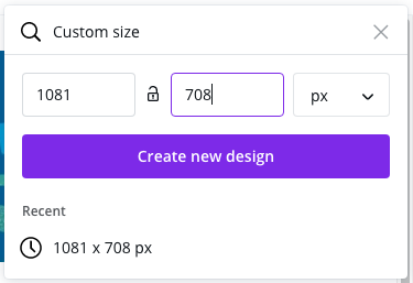 Entering 1081px by 708px dimensions in Canva