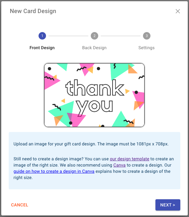 Uploading the Canva artwork in the New Card Design dialog