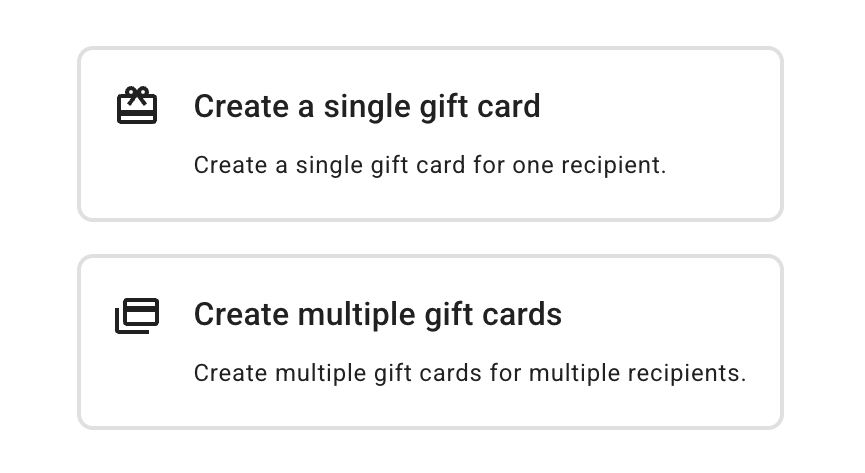 Choice between creating a single gift card and multiple gift cards