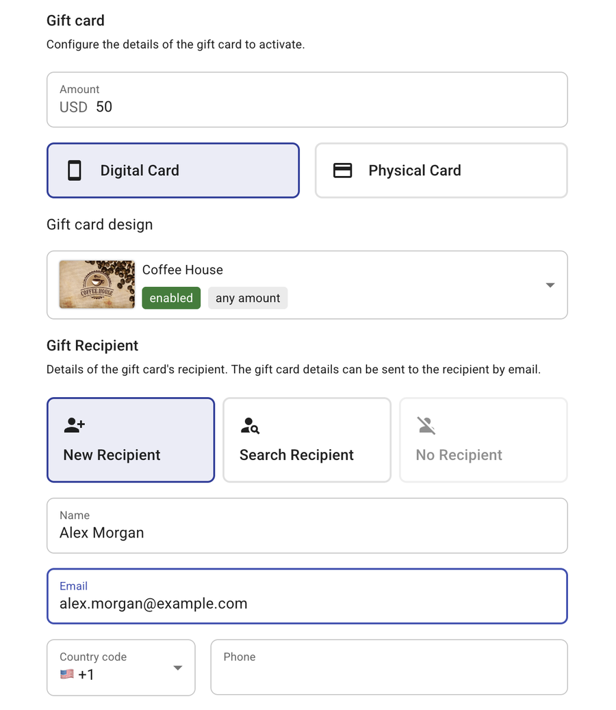 Gift card step with amount, digital card format, card design and new recipient details