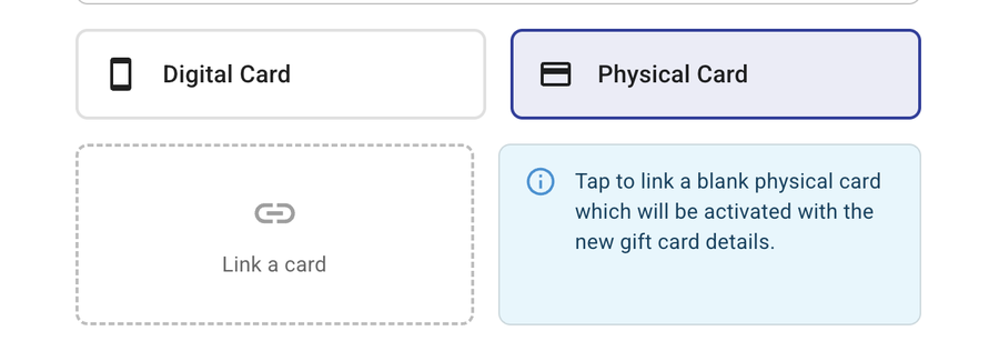 Physical Card selected with the Link a card box