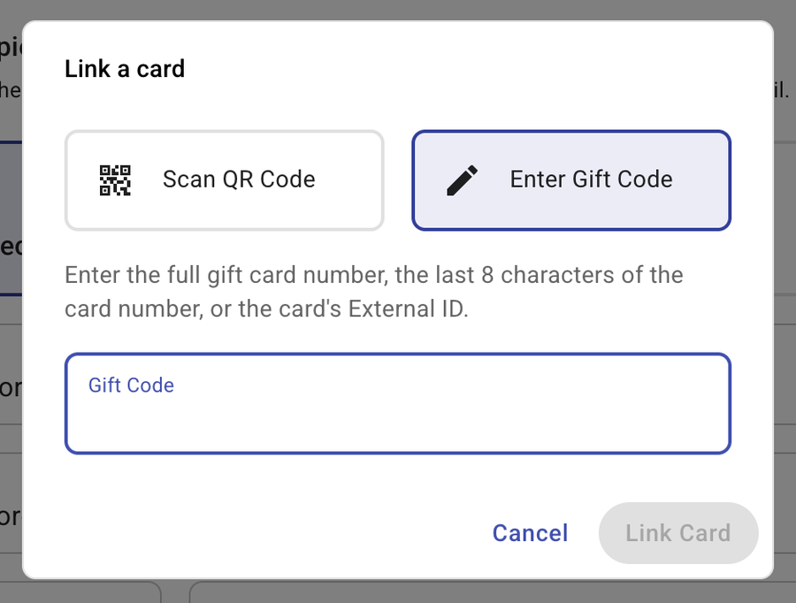 Link a card dialog with the Enter Gift Code option