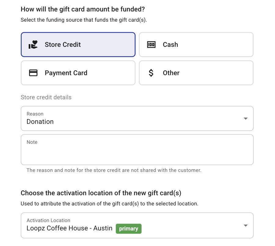 Funding source step with Store Credit selected and the activation location