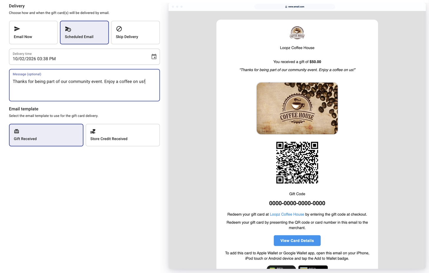 Delivery step with Scheduled Email, a message and the Gift Received email preview