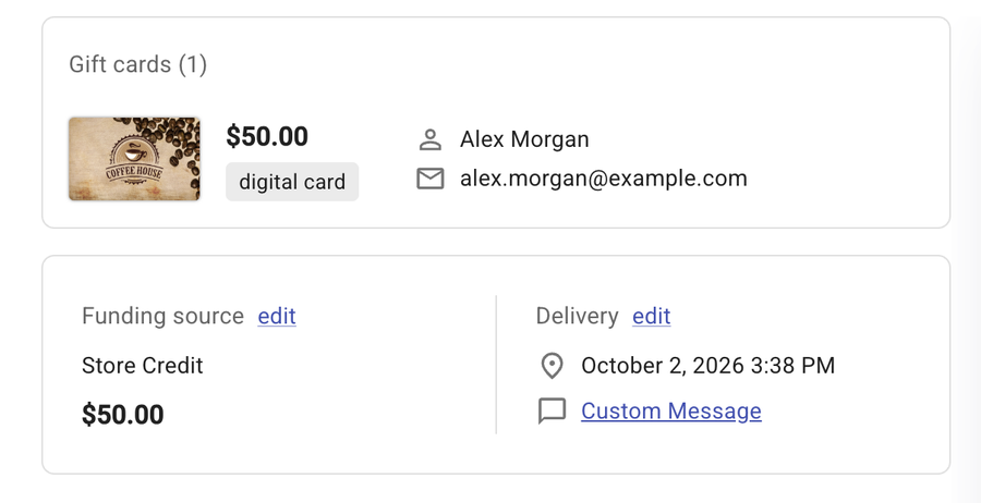 Review step with the gift card, funding source and delivery summary