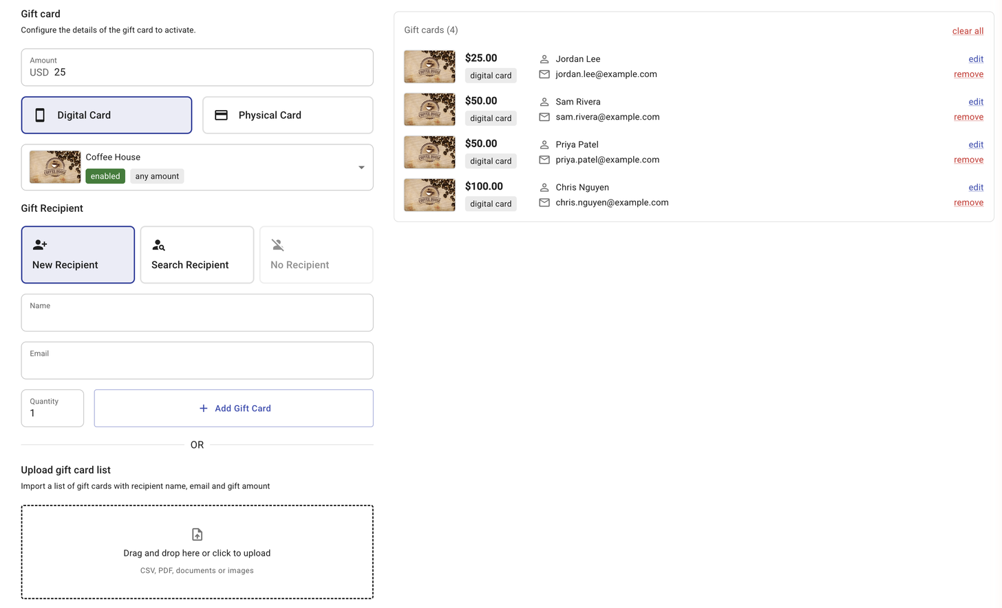 Multiple gift cards step with the add form, upload area and a list of four gift cards