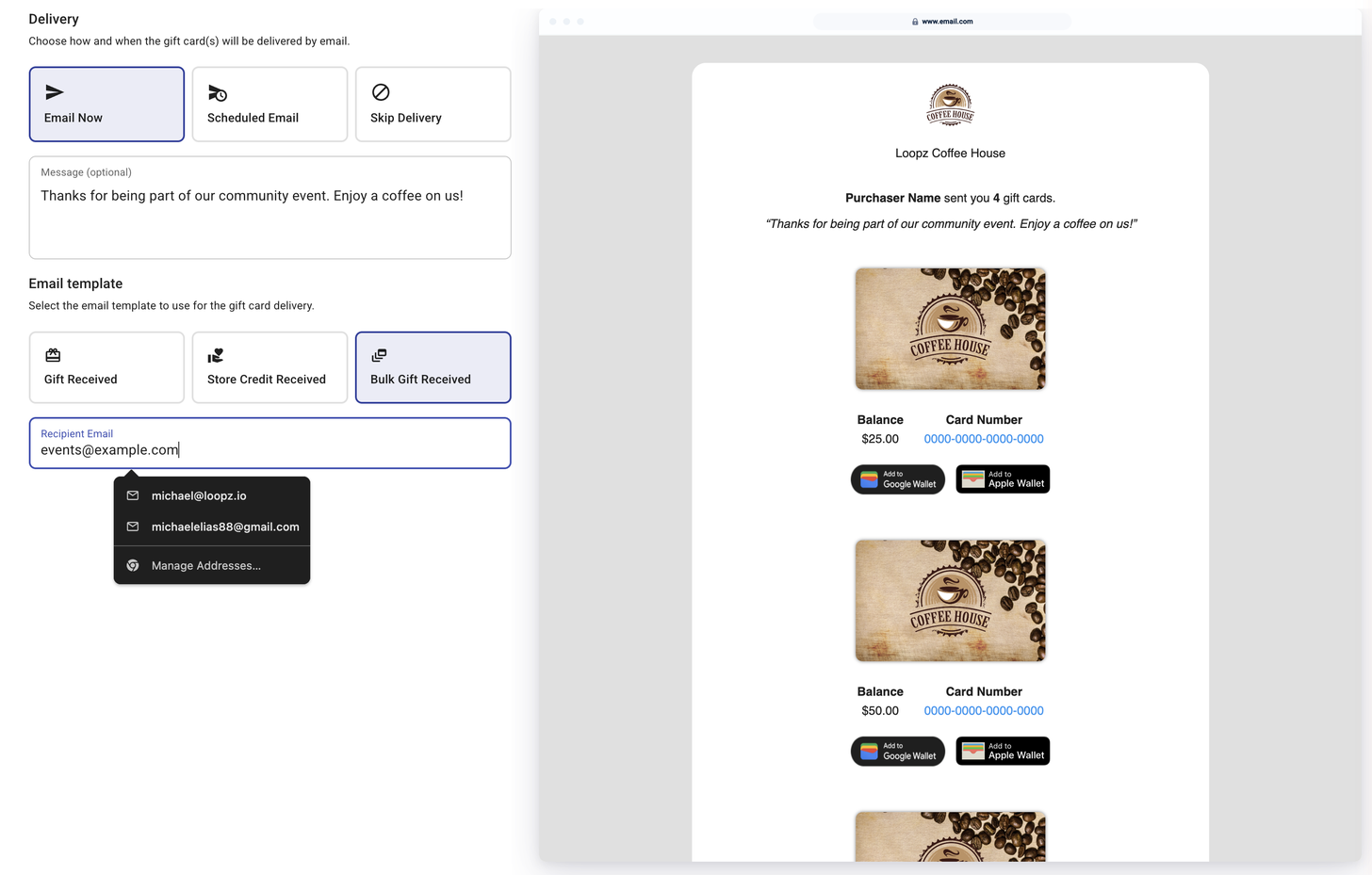 Delivery step with the Bulk Gift Received template, a recipient email and the bulk email preview