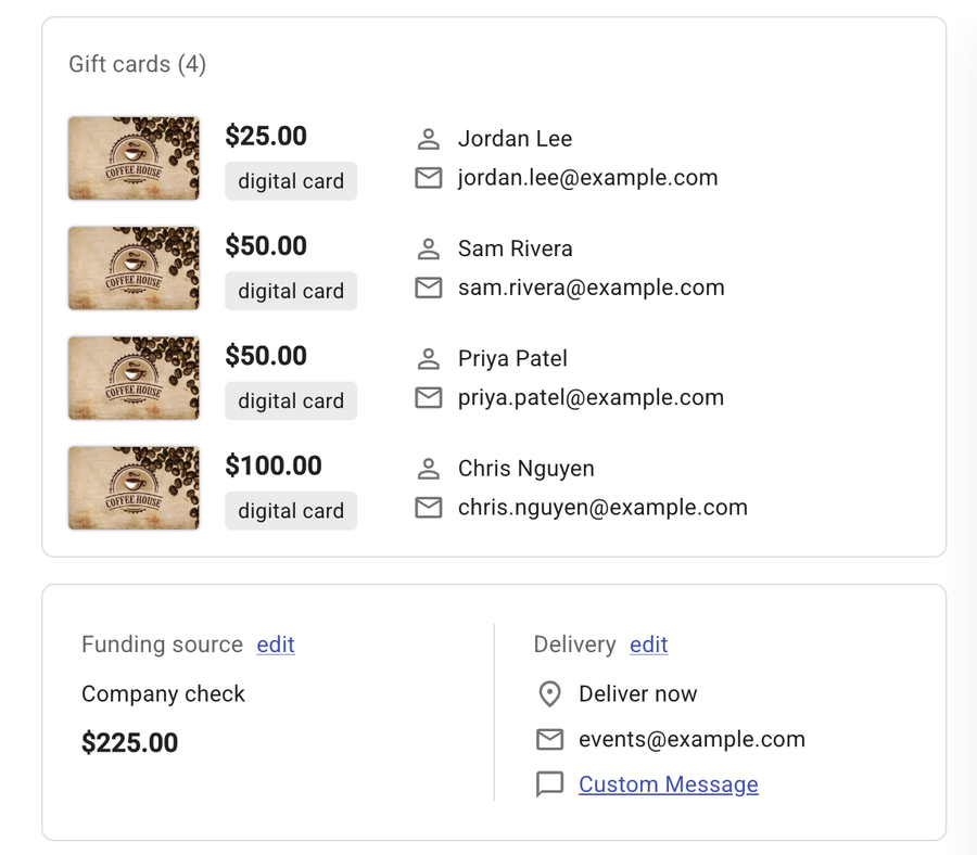 Review step with four gift cards, the total funding amount and the bulk delivery details