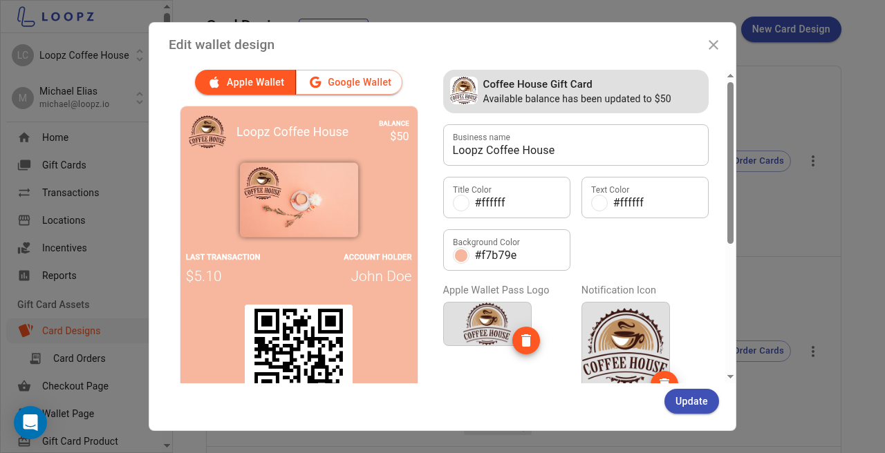 Edit wallet design dialog with Apple Wallet preview