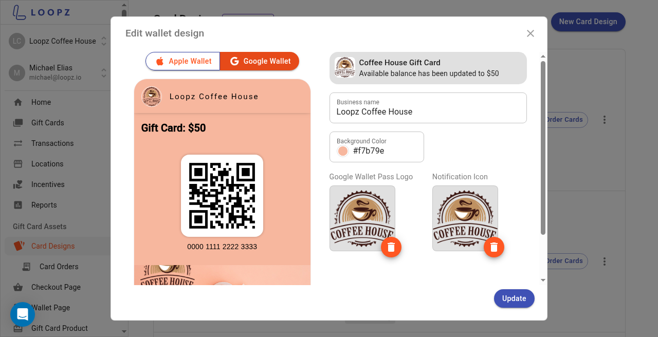 Edit wallet design dialog with Google Wallet preview