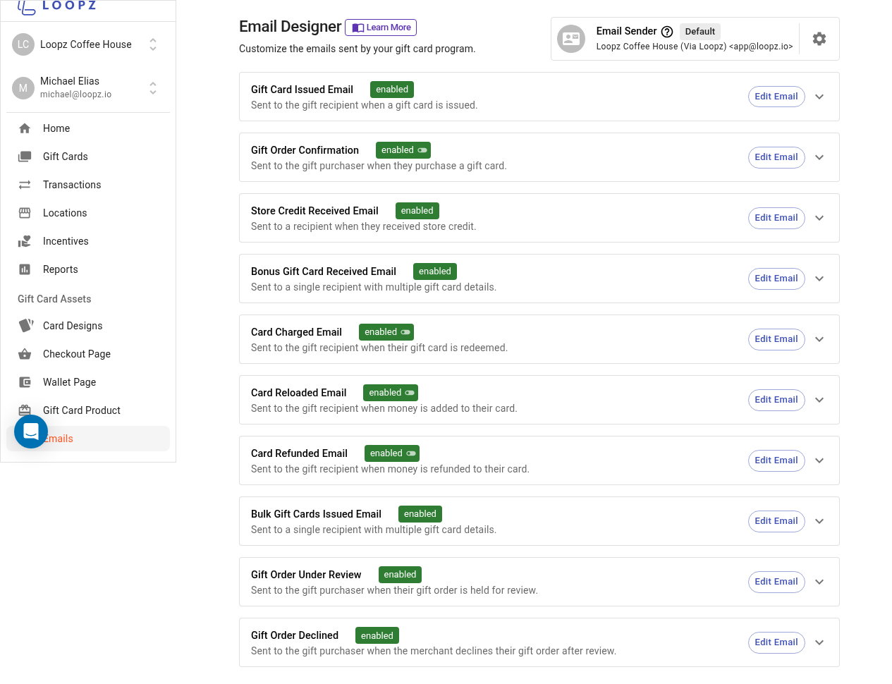 Email Designer list of gift card program templates