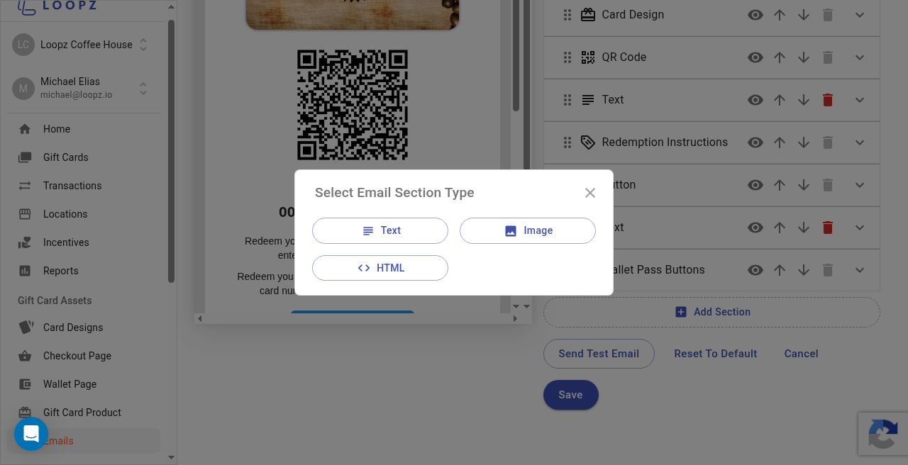 Select Email Section Type dialog with Text, Image, and HTML