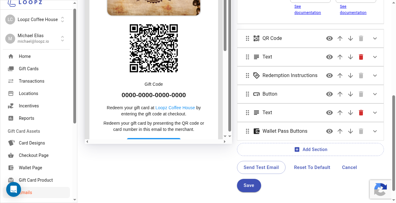 Card Design block settings in the email body