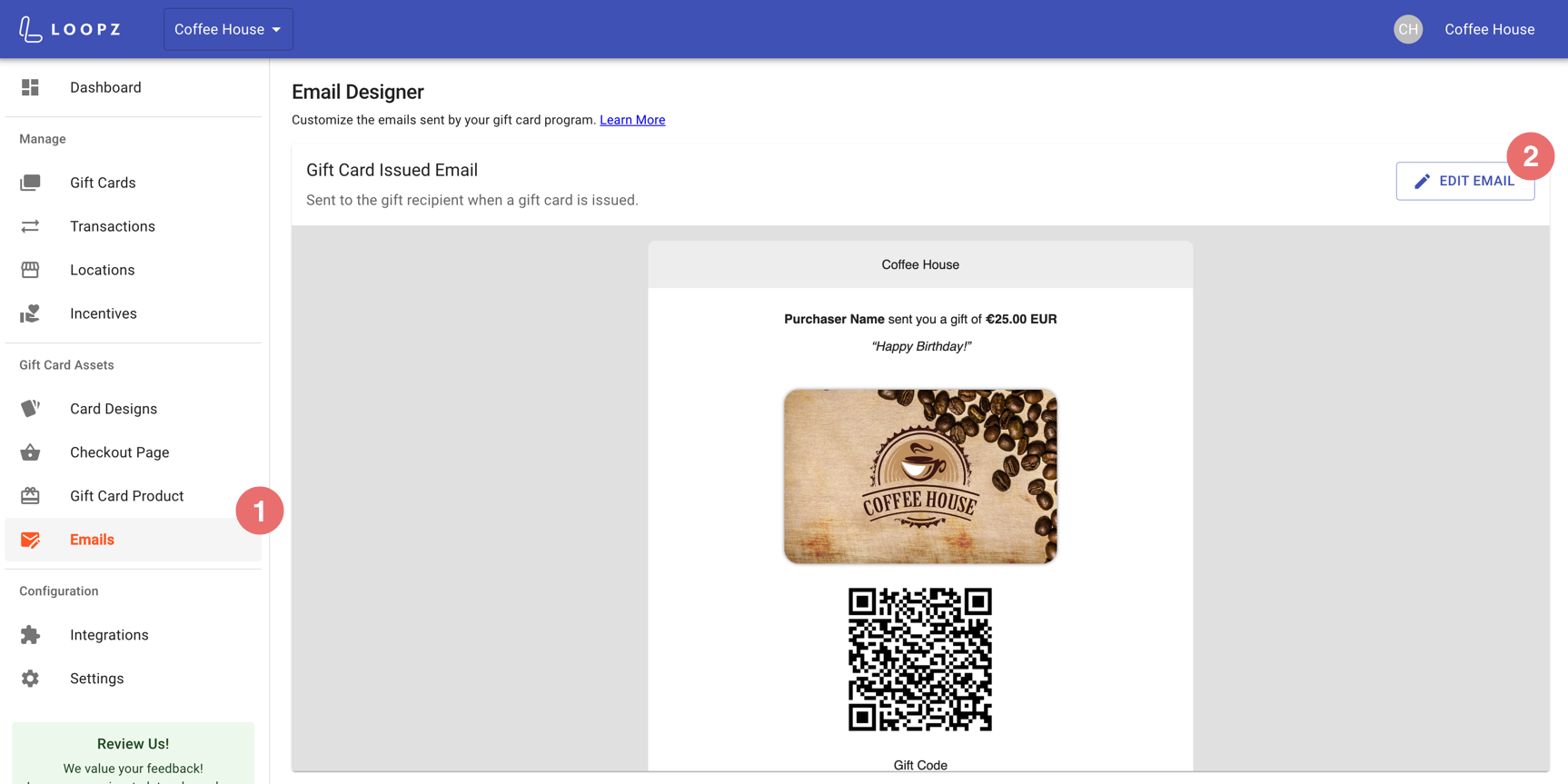 Emails screen listing customizable email templates