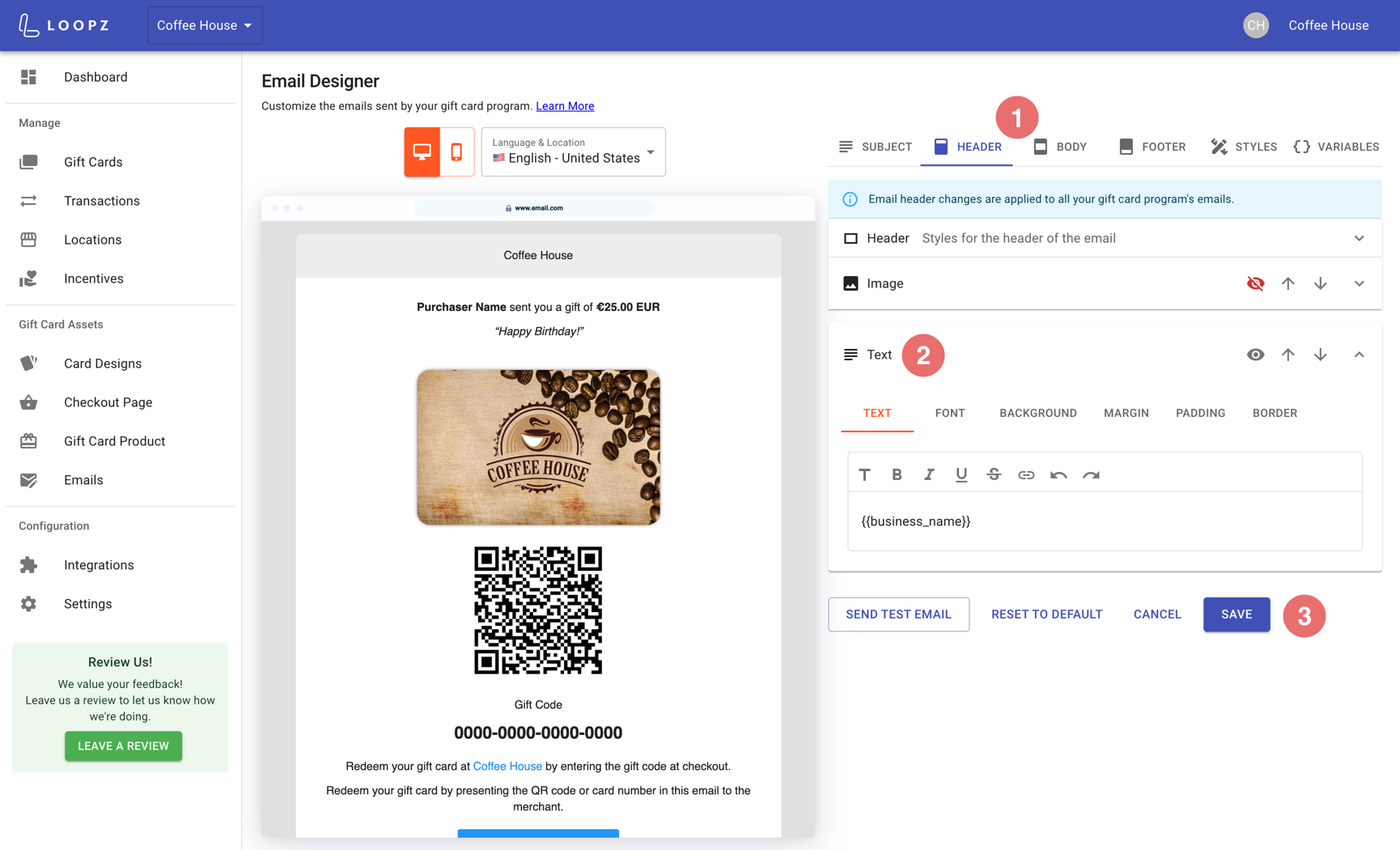 Email designer with template preview and block editor
