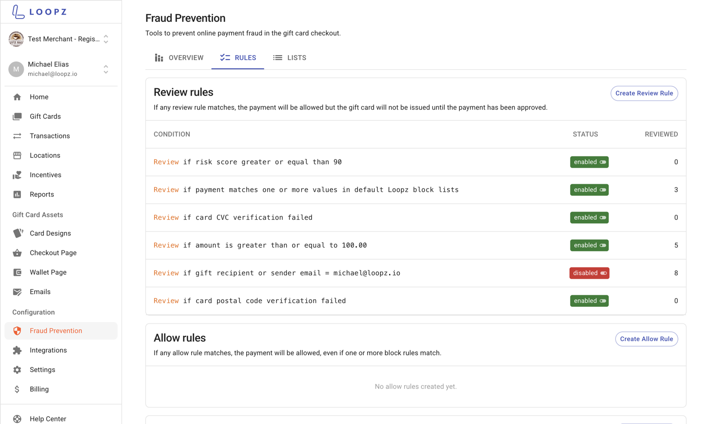 Rules tab with review, allow, and block rule groups