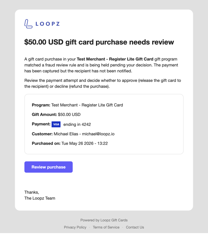 Merchant review email with purchase summary and Review purchase button
