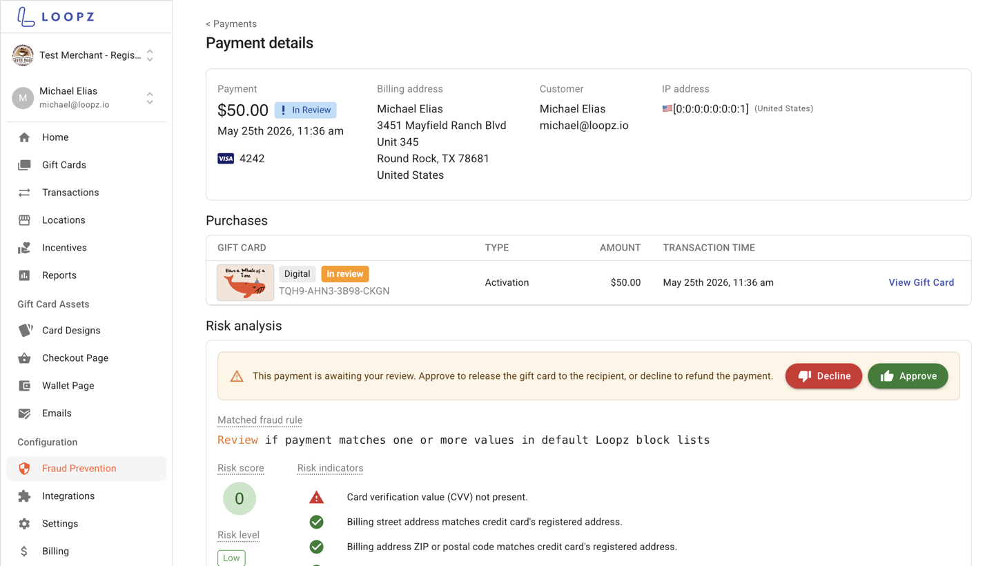 Payment details screen with risk analysis, risk score, and indicators