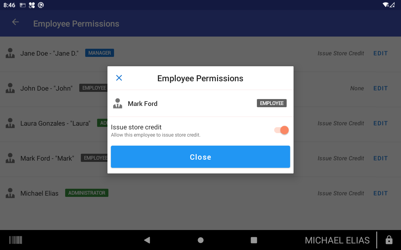Employee list with store credit permissions per employee
