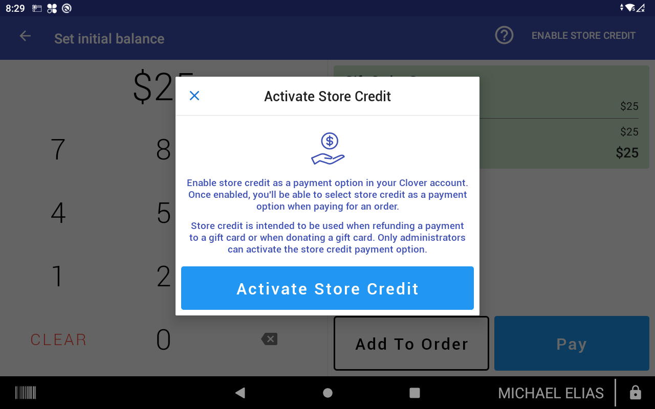 Dialog to activate the store credit payment option
