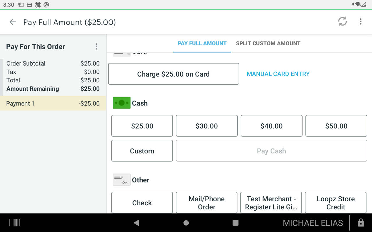 Store credit option in the Clover Pay screen