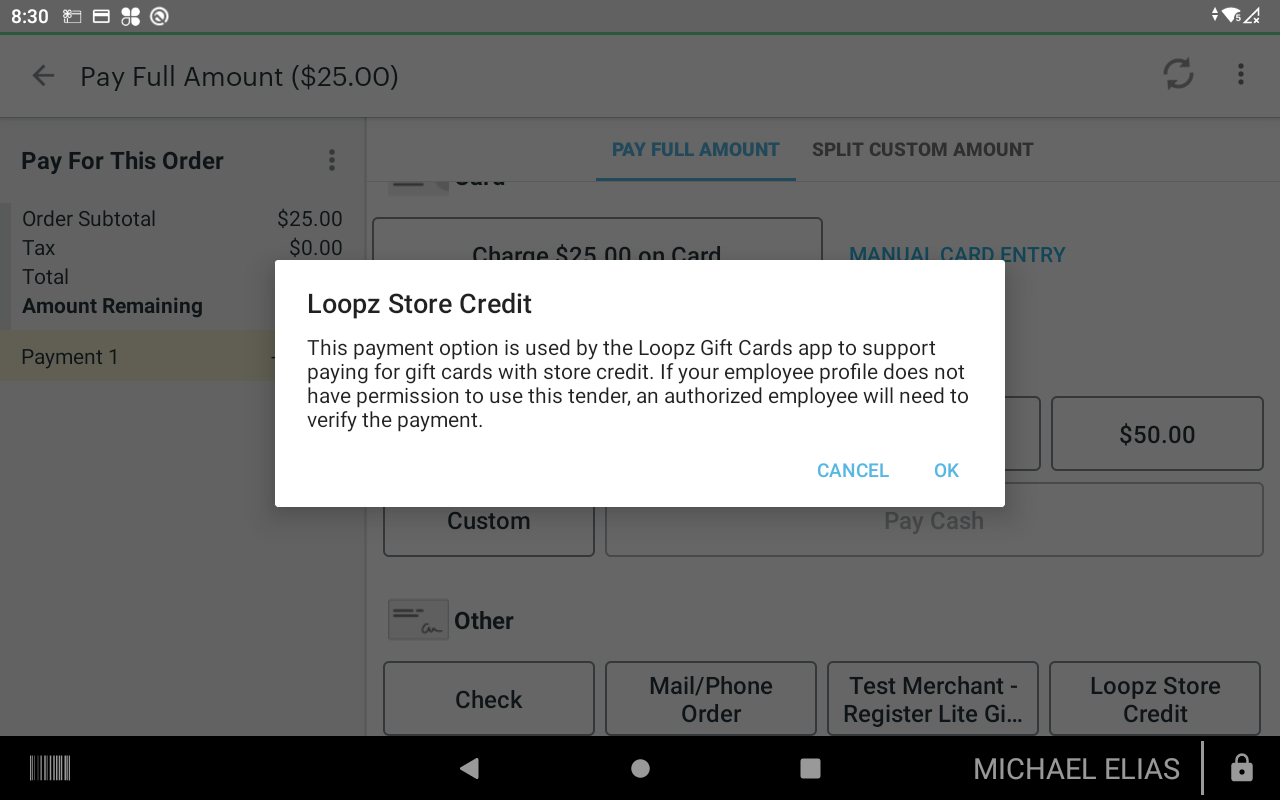 Store credit instructions dialog for the employee