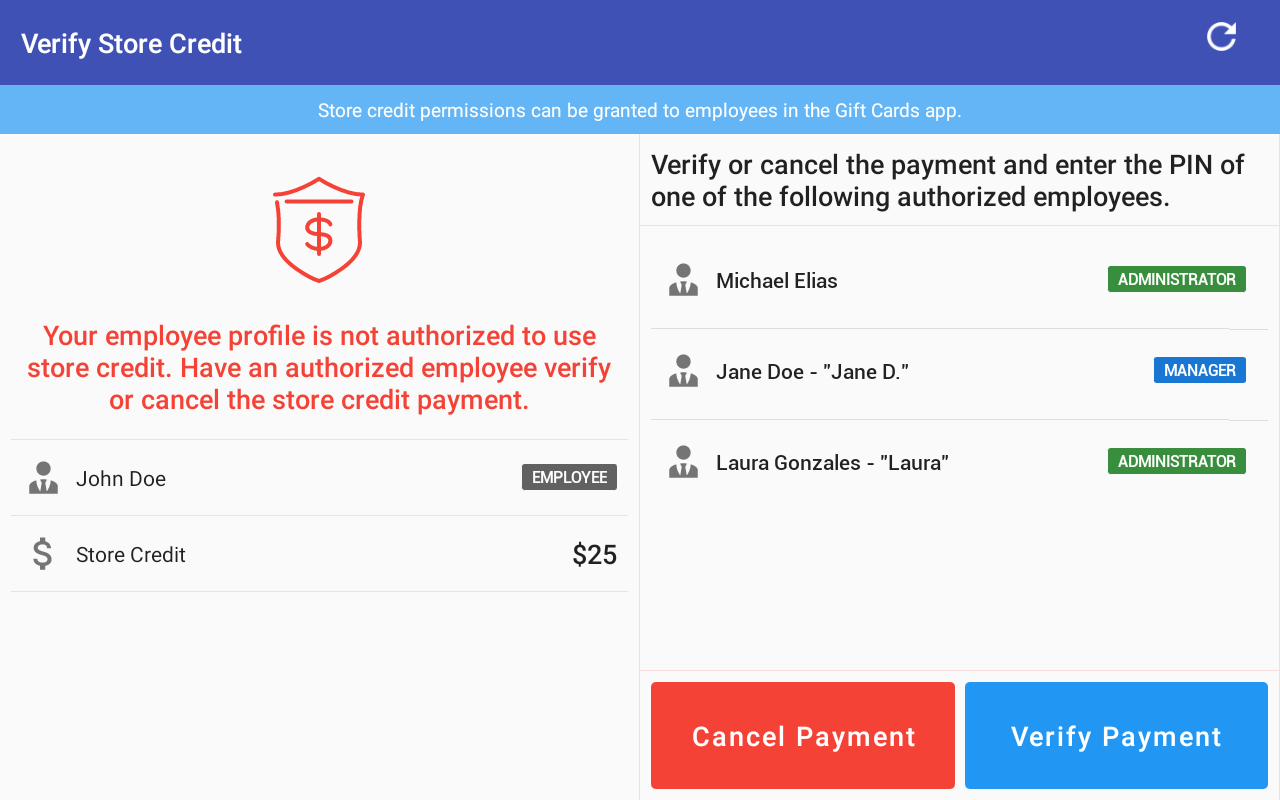 Verification screen requiring an authorized employee