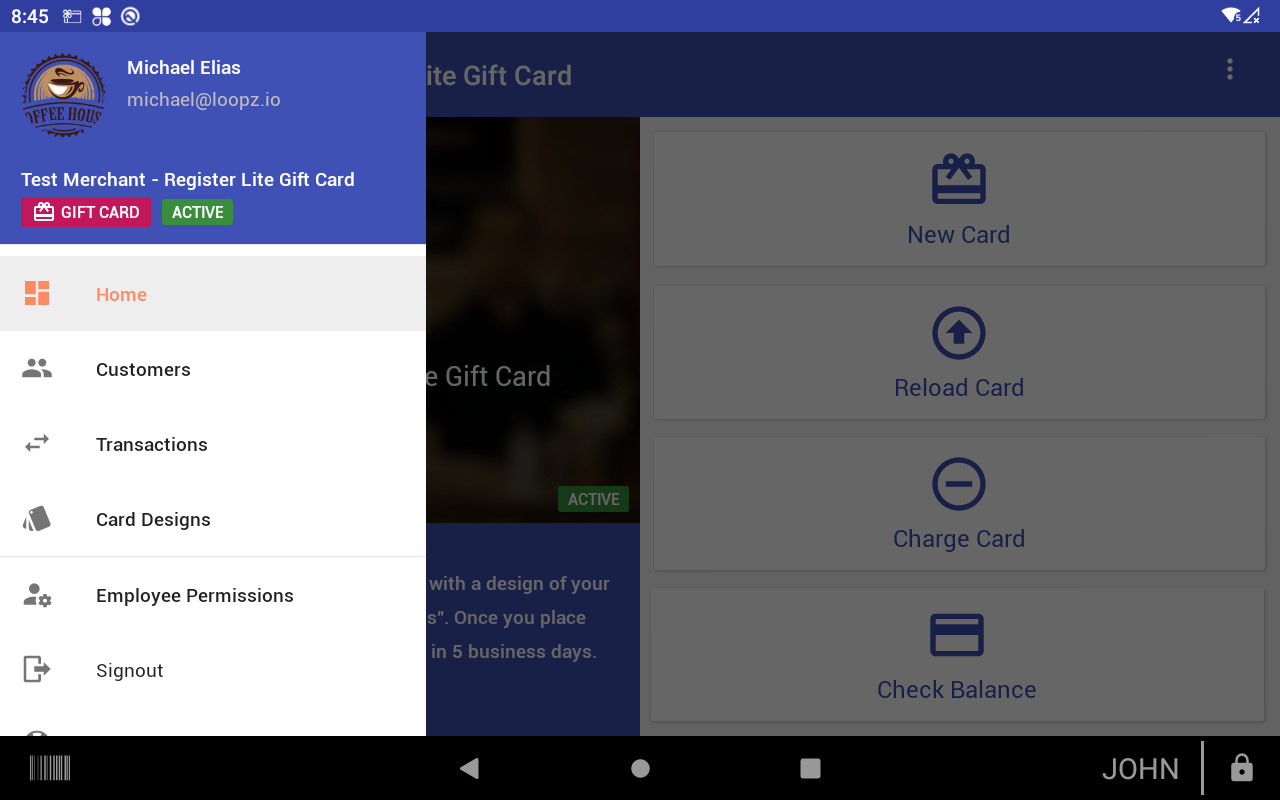 Employee permissions settings in the Gift Cards app