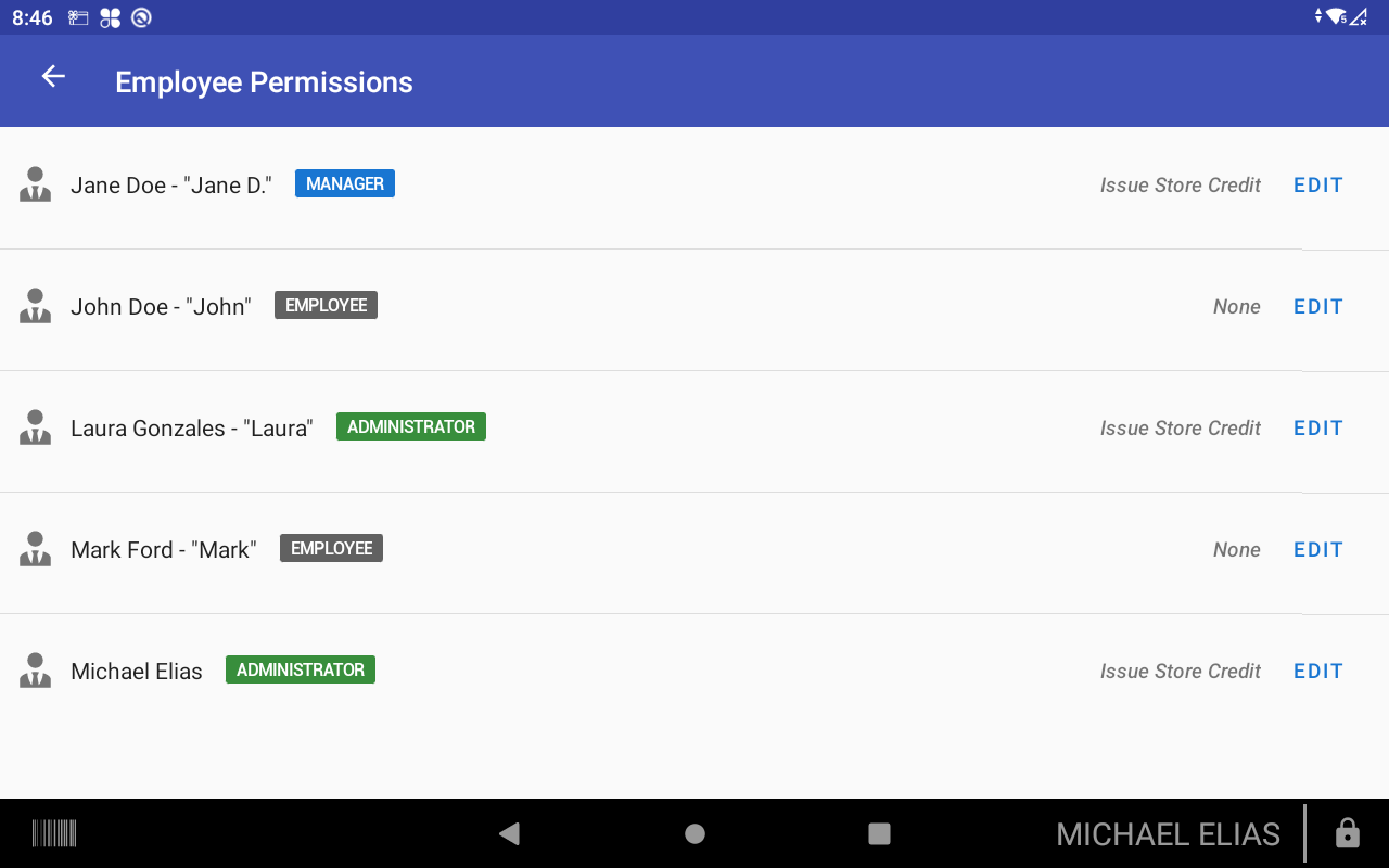 Editing store credit permissions for an employee