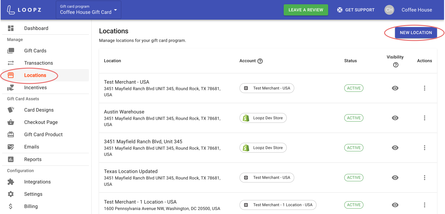 Locations screen on the Loopz dashboard