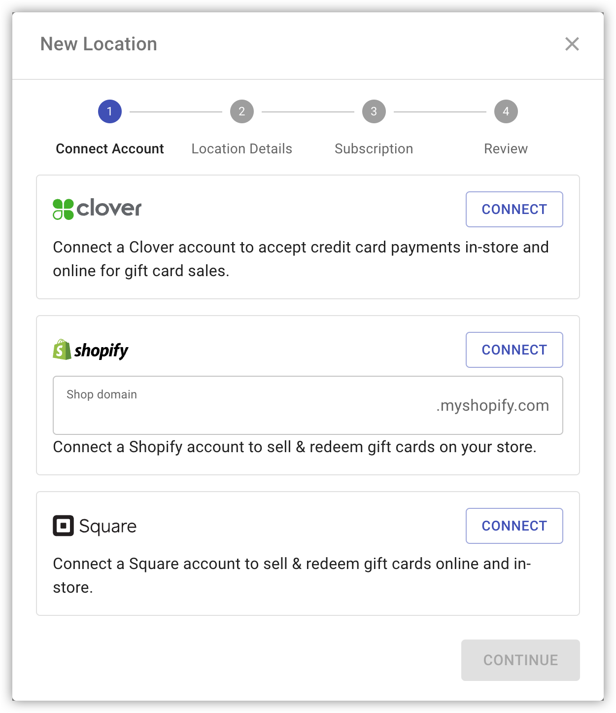 New Location dialog for connecting a merchant account